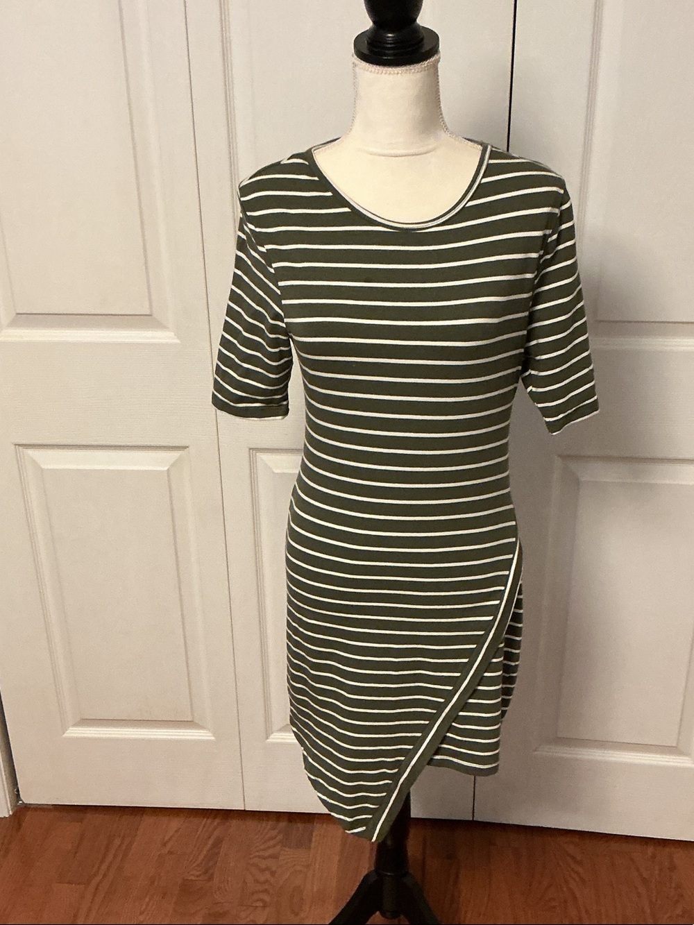 Striped Olive Green Mini Dress with Asymmetrical Hem